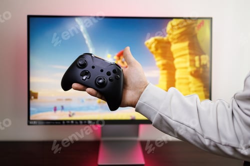 Preview: In the background of a video game monitor, a man's hand holds a controller in the palm of his hand