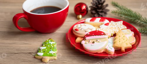 Visualização: Feliz Natal com biscoitos caseiros e xícara de café
