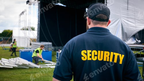 Preview: Rear View Of Security Team At Outdoor Stage For Music Festival Or Concert