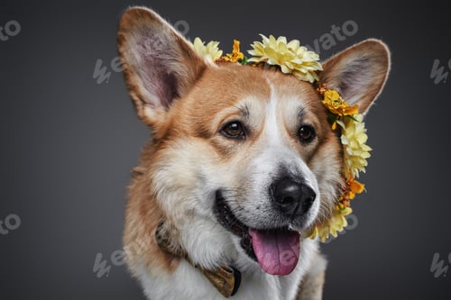 Preview: Happy corgi dog with tongue out posing on black background.