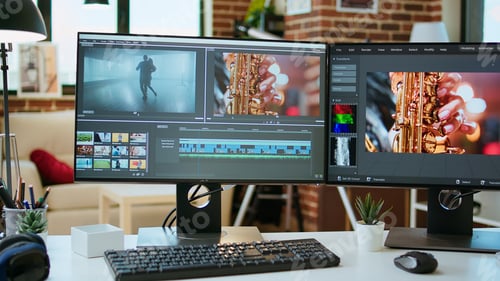 Preview: Empty office desk with a video editing software running on computer