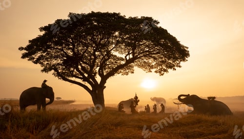 Preview: Silhouette of an elephants, ostrich and stunning eagle in Thailand. Landscape scene.