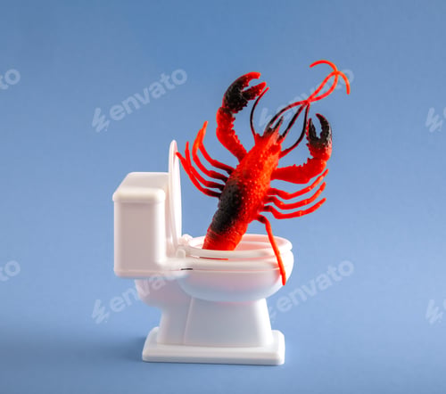 Preview: A huge lobster climbs out of the toilet. Humor concept of toilet blockage.