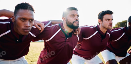 Preview: Man, huddle and team in scrum for sports collaboration coordination or motivation in the outdoors.