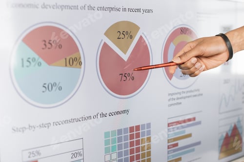Preview: Close up of male hand pointing on big monitor display.