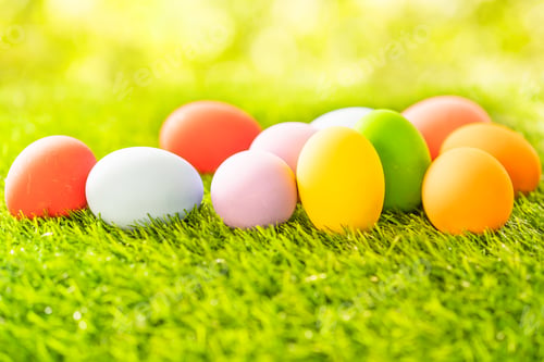 Preview: Colorful Easter eggs on green grass