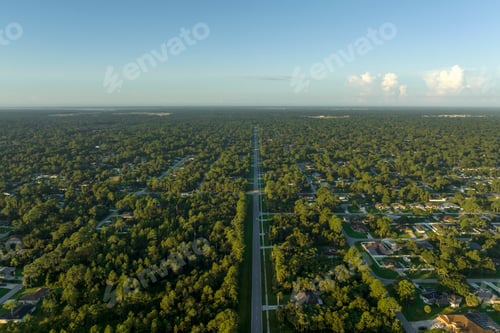 Preview: Aerial view of american small town in Florida with private homes between green palm trees