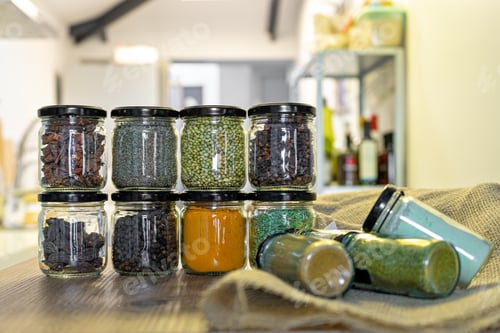 Preview: Assorted spice and herb in glass jars for cooking, indian spices, multi colored