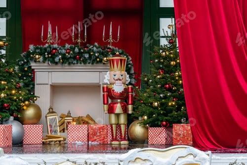 Preview: Theatre stage with new year decorations. Fireplace, Nutcracker. giftboxes. Celebration christmas