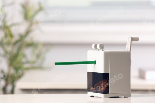 Green Pencil in White Desktop Sharpener