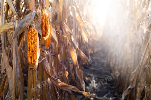 Preview: Dry corn stalks with cobs backlit by sun at fields autumn time