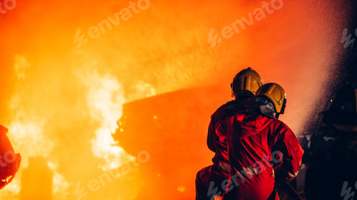 Preview: Fearless Firefighters Battling Blaze with Water and Extinguishers.
