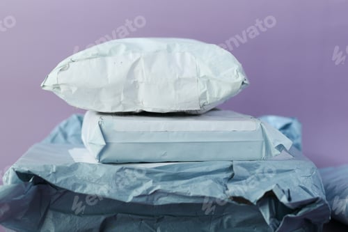 Preview: Stacked Packages on a Purple Background, Delivery Concept