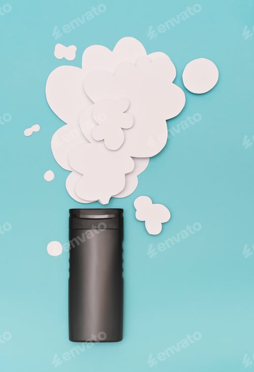 Preview: male shampoo or shower gel and white paper cut foam bubbles.