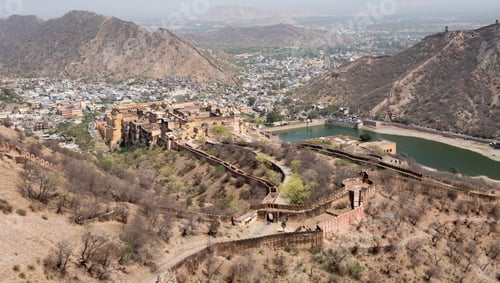 Preview: Panoramic view of amer fort and maota lake from jaigarh fort in jaipur india