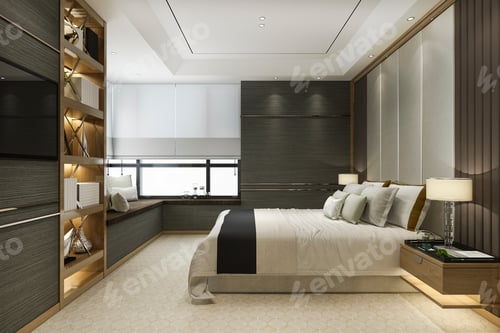 Preview: 3d rendering wood modern luxury bedroom suite with bookshelf and cushion