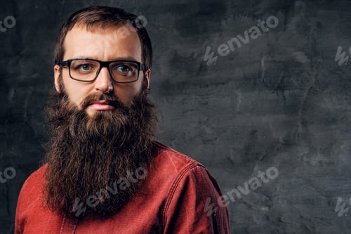 Preview: A bearded male in eyeglasses dressed in a red shirt.