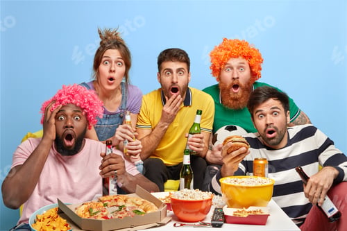 Preview: Five diverse friends stare with shock at TV set, watch with great excitement final of football tourn