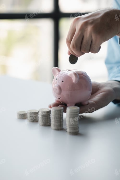 Preview: Person with pile of coins and piggy bank, money saving concept for future use and financial stabilit