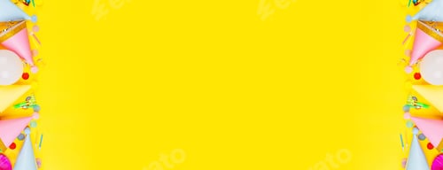 Preview: Horizontal banner for web design with copy space. Birthday party accessories on yellow background