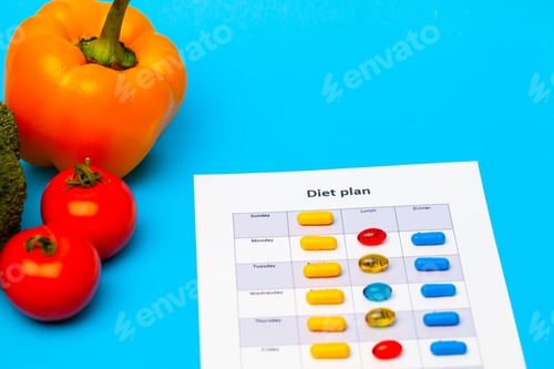 Preview: Diet plan, for weight loss pills and fresh vegetables on blue background.