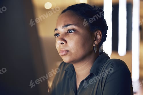 Preview: Computer reading, night face and black woman review article for media app, website database or soci