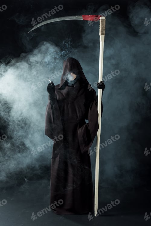 Preview: full length view of woman in death costume holding scythe and smoking cigarette on black