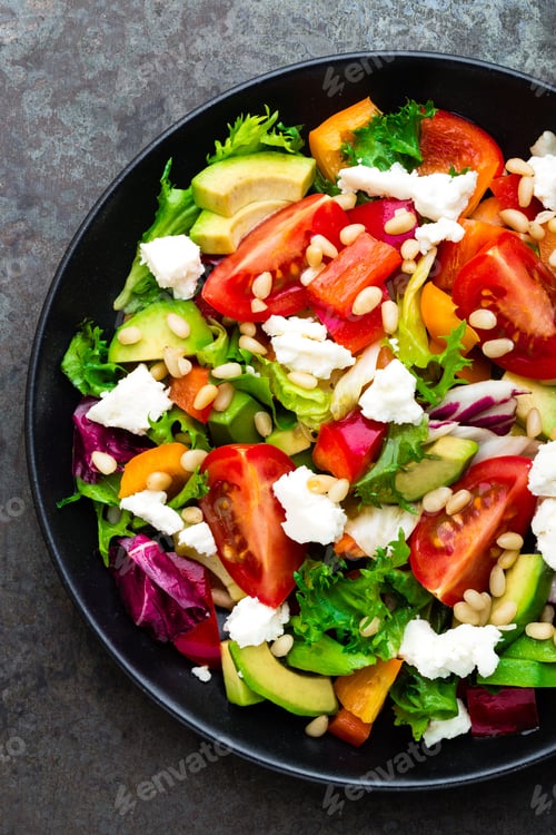 Preview: Vegetable dish, salad with avocado, pepper, tomato, italian mix, fresh lettuce, feta cheese