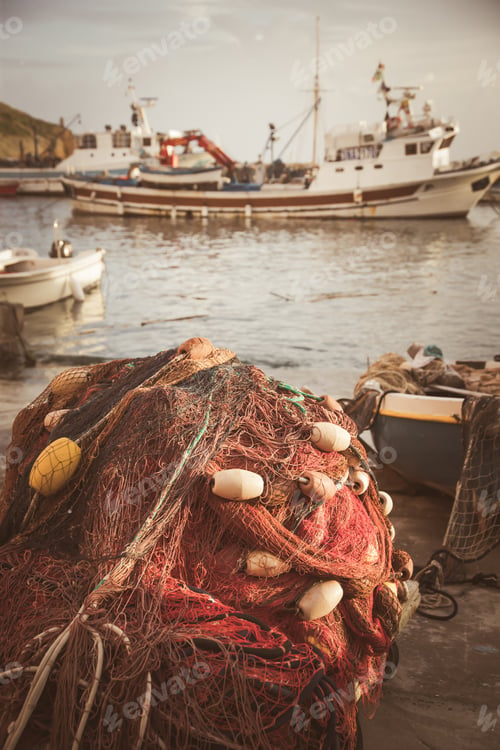 Preview: Fishing nets, Marina Corricella on Procida Island, Bay of Naples, Italy.
