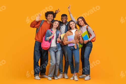 Preview: Diverse Group Of Students Posing With Books And Backpacks