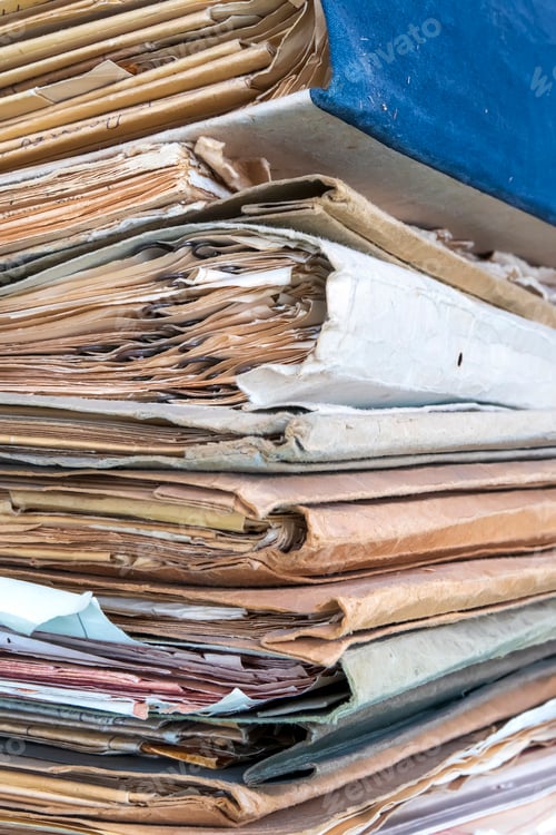 Preview: Old folders with documents in the library. Vertical view