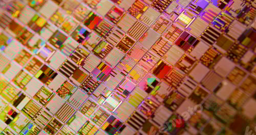 Preview: Silicon semiconductor wafer close-up.