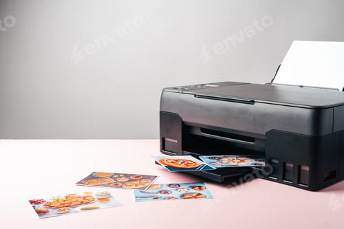 Preview: Modern laser printer printing color photos of food close up