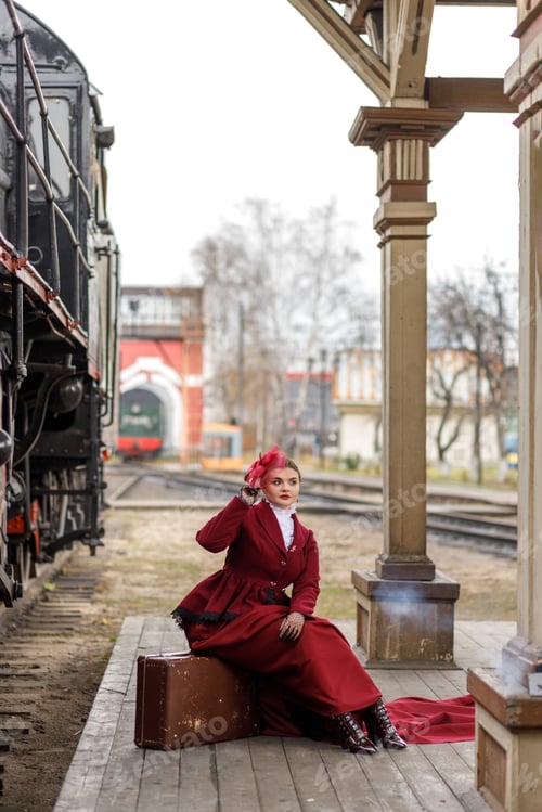 Preview: A beautiful girl in a burgundy suit is sitting on a suitcase near an old steam locomotive