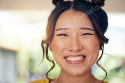 Preview: Asian, woman and portrait with a big smile in home with cool gen z person in kitchen, living room o