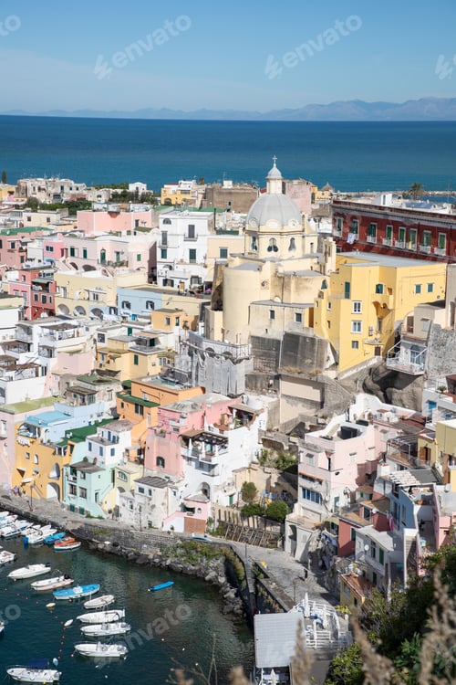 Preview: beautiful Procida island with colorful houses in sunny summer day, Italy