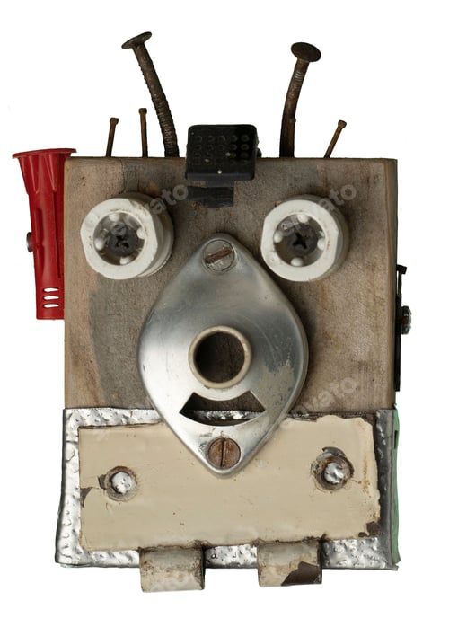 Preview: Robotic head made of wood and various small industrial parts isolated on the white background