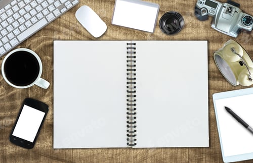 Preview: Top view of open leather book and office accessory on wooden background, technology equipment mockup