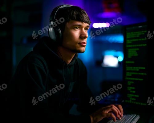 Preview: Low Key Lighting Shot Of Male Computer Hacker Sitting In Front Of Screens Breaching Cyber Security