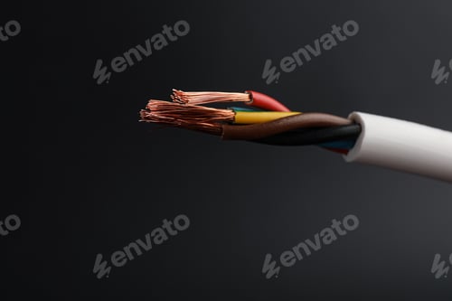 Preview: Cable with electrical wires on black background, closeup