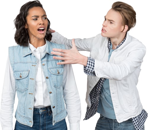 Preview: two young women in denim jackets arguing with each other