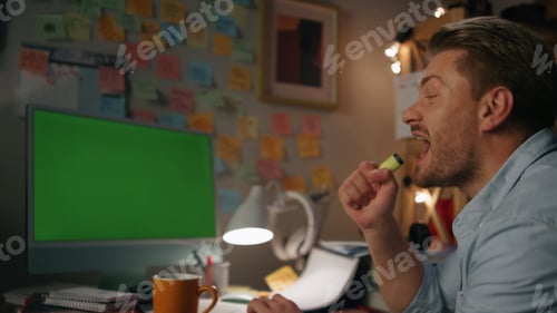 Preview: Happy guy singing home emotionally closeup. Active man using online karaoke app