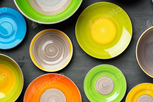 Preview: Color ceramic plates on gray background top view