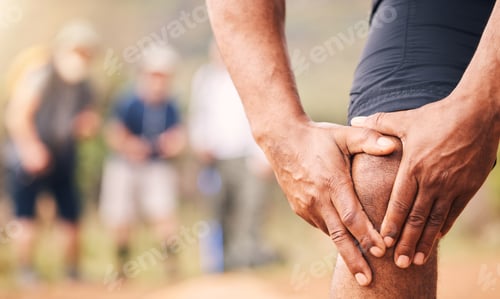 Preview: Knee pain, injury and hands of senior black man after hiking accident outdoors. Sports, training hi