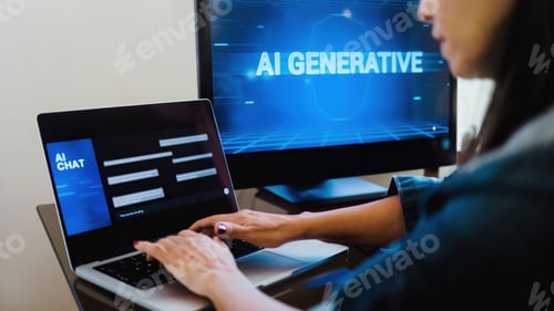 Preview: AI generative app. Woman chatting with Artificial Intelligence software. Technology