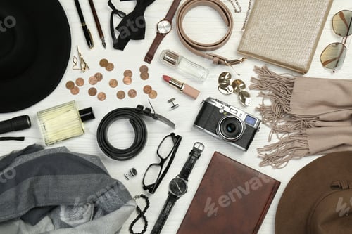 Preview: Fashionable male and female accessories on white wooden background, flat lay
