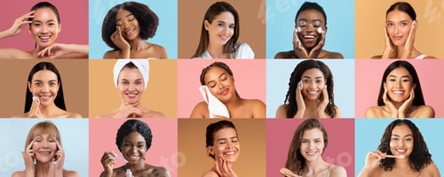 Preview: Smiling millennial, adult multiracial women apply cream, cleanse perfect skin, enjoy beauty spa