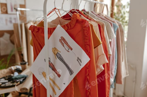 Preview: Photo of painted garments and colorful clothes on hangers in cozy room. Snapshot of interior in fas