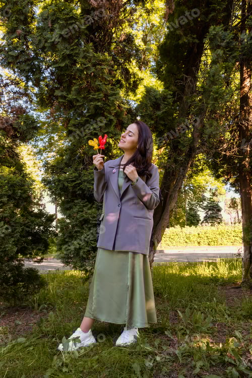 Preview: A young girl in a green dress and a gray jacket against a background of trees with lollipops