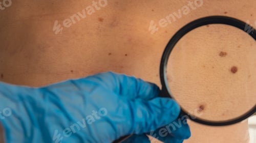 Preview: Mole dermoscopy, preventive of melanoma. Dermatologist examining patient's birthmark with magnifying